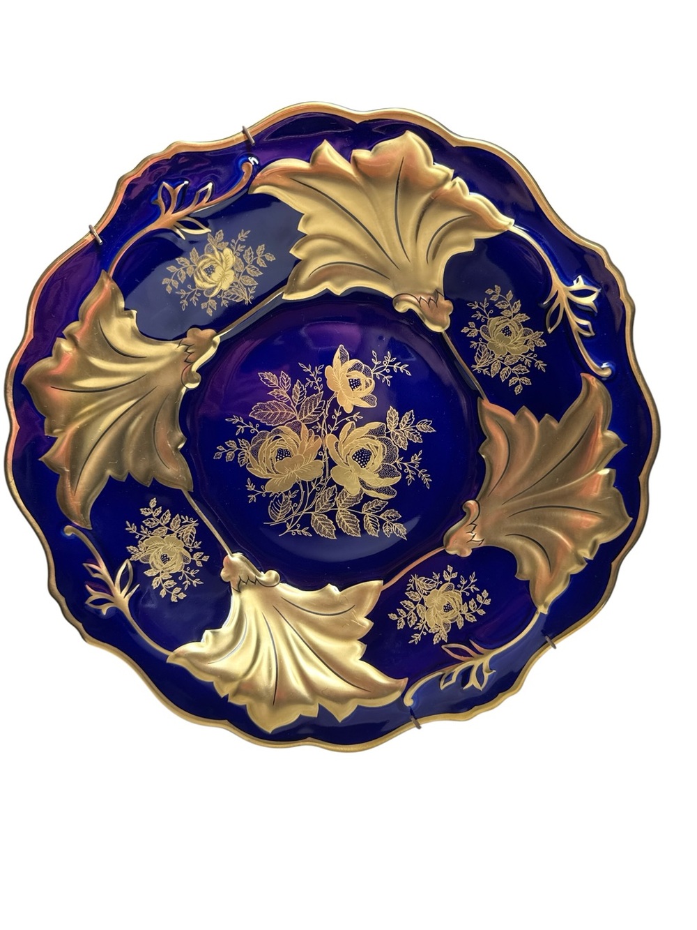 Weimar Porcelain Jutta Cobalt Blue and Gold Relief Gilded
Rose Scalloped Platter